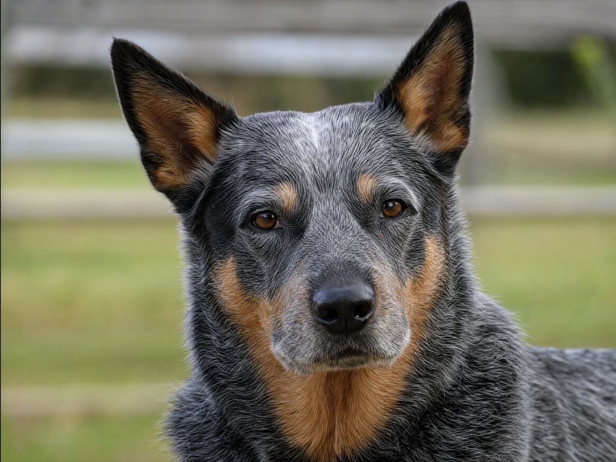 Gros plan sur le visage attentif d’un Australian Cattle Dog, avec des yeux marron vifs et des oreilles dressées