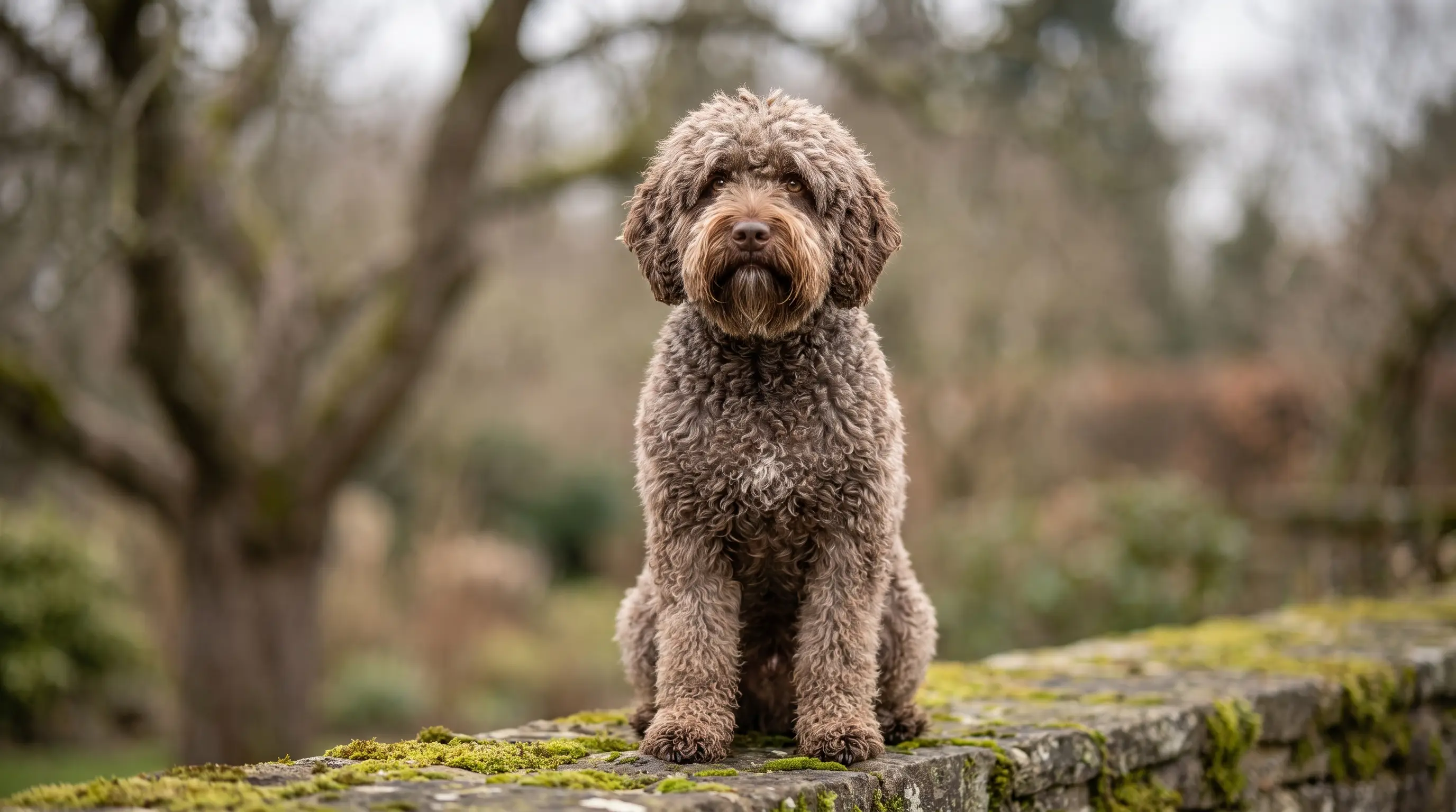 Barbet, un cane da acqua francese dal pelo folto e riccio, in piedi vicino all'acqua