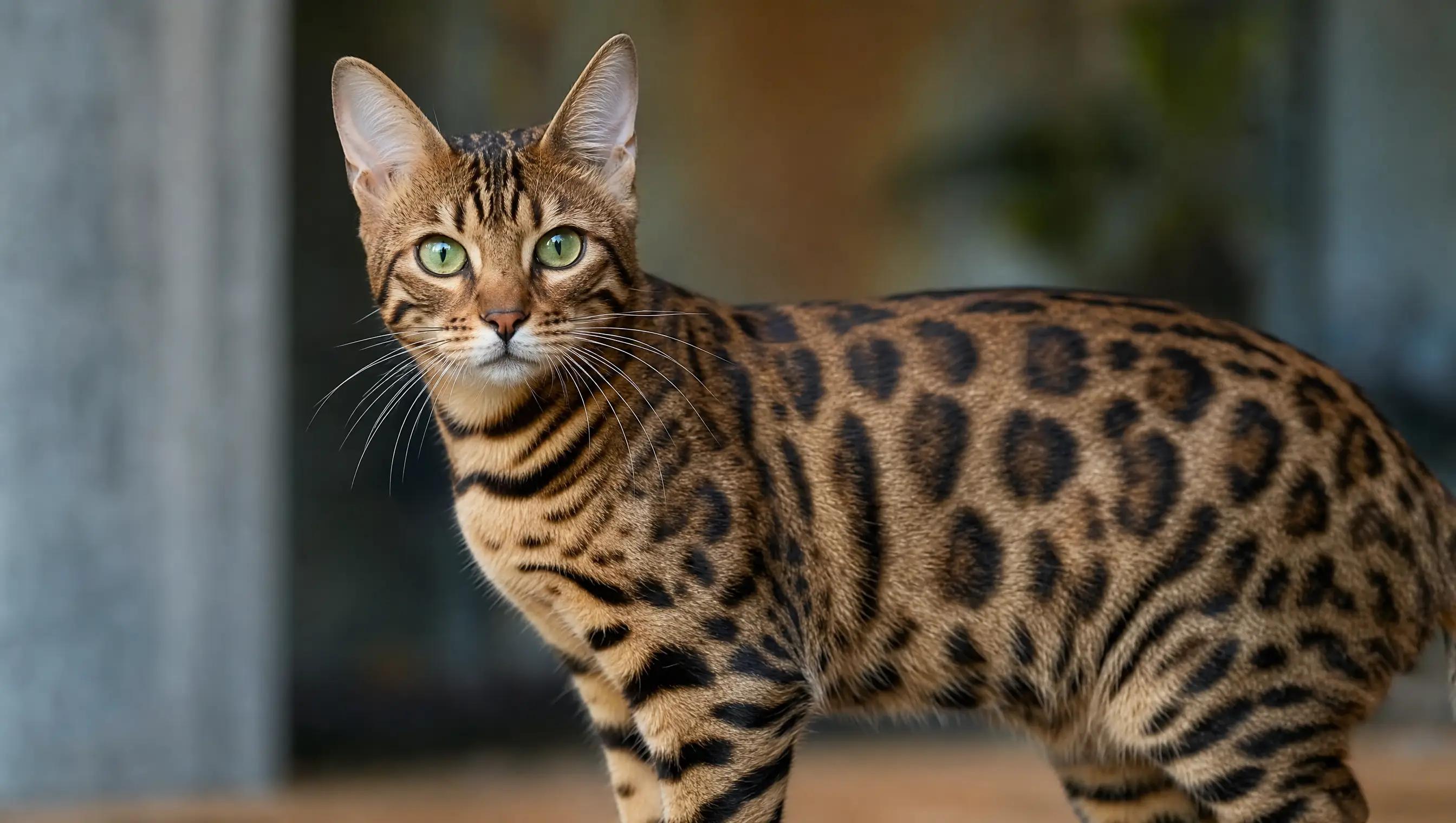 A Bengal, a spotted athletic cat that usually likes water, at the edge of shallow water