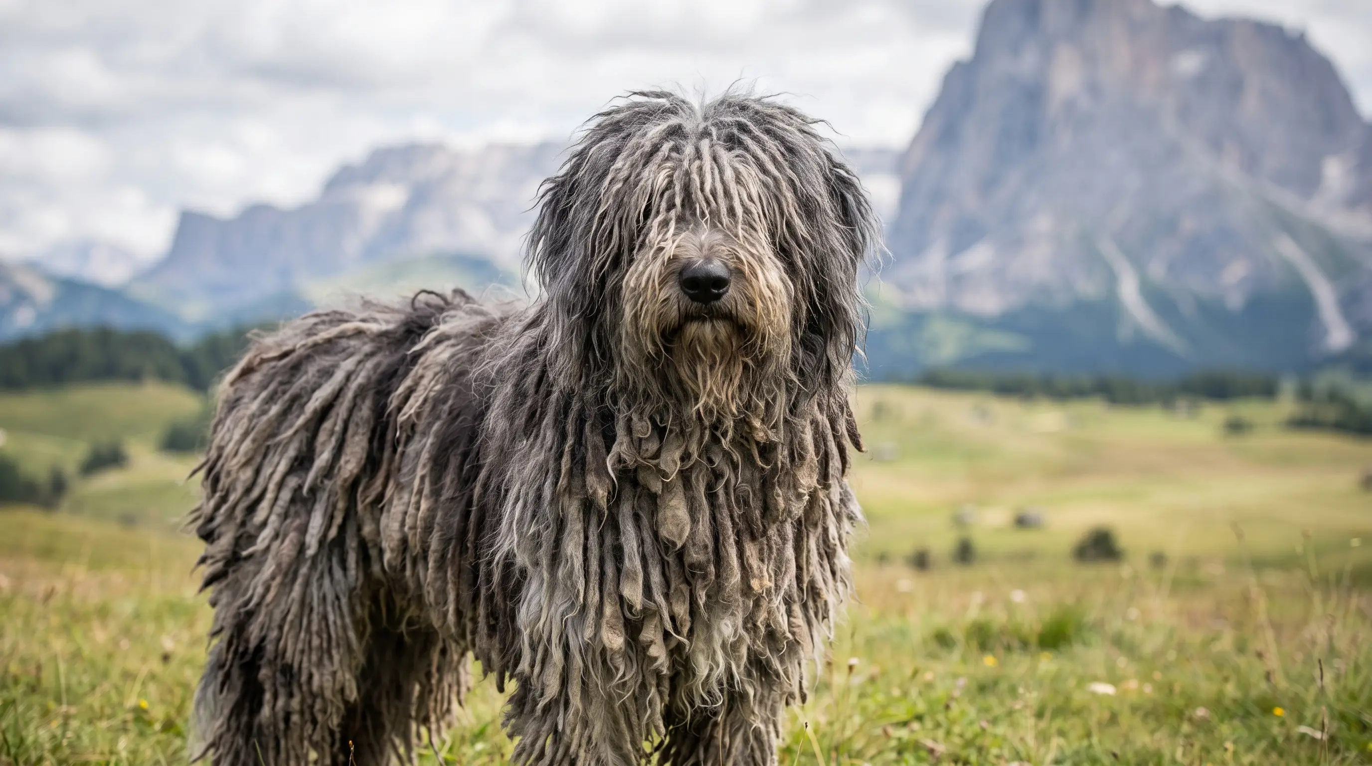 Cane da pastore bergamasco dal manto grigio infeltrito a fiocchi, in piedi in un prato alpino