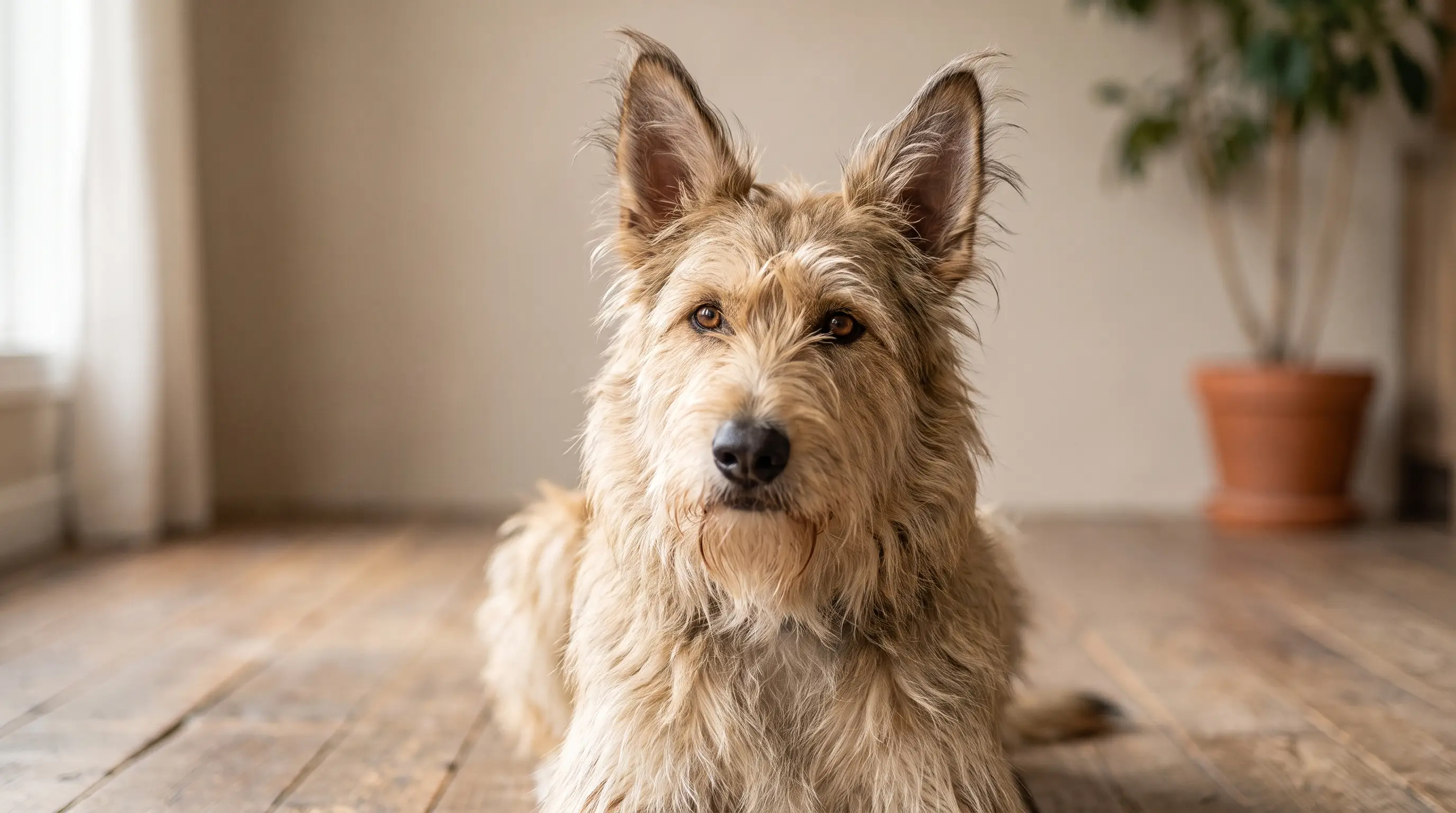 Berger Picard, un cane da pastore francese dal pelo ruvido, con barba e orecchie alte ed erette