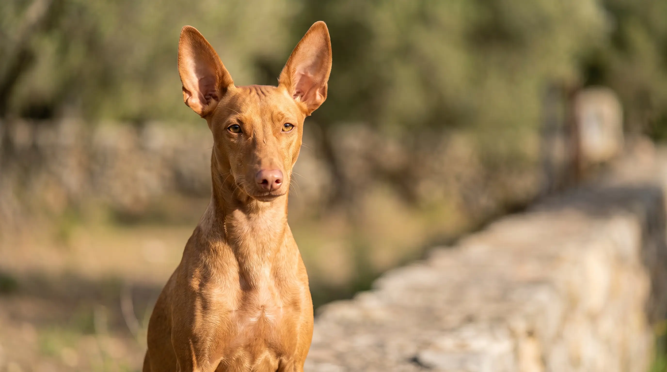 Cirneco dell'Etna, un piccolo ed elegante segugio color fulvo con grandi orecchie erette, su terreno vulcanico