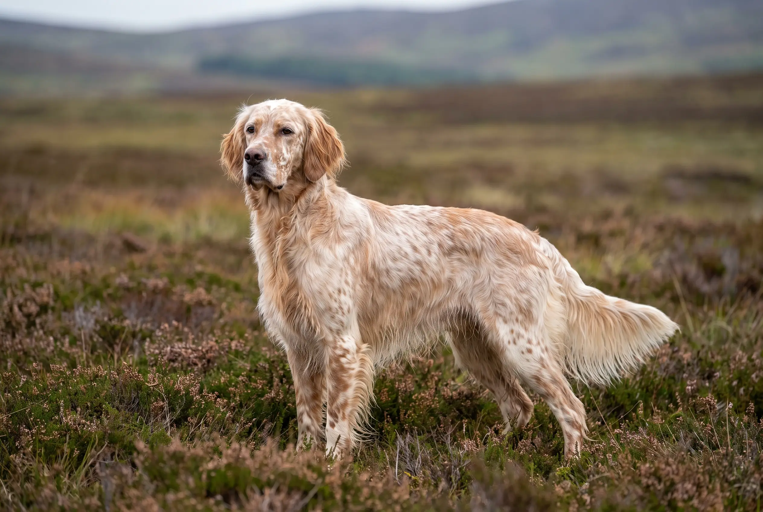 An English Setter standing in a classic show stance on a lawn