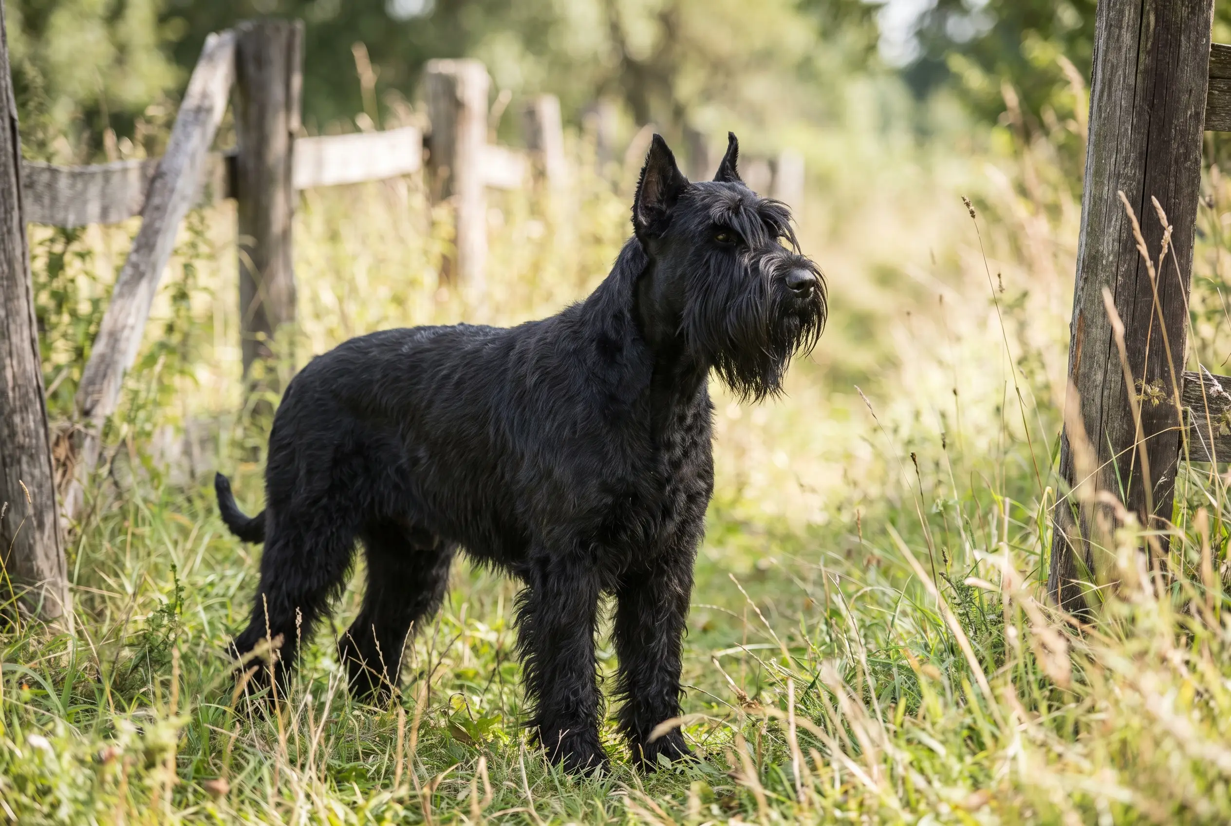 A Giant Schnauzer standing alert on grass, showing the wiry beard and eyebrows that make people mistake the breed for a terrier