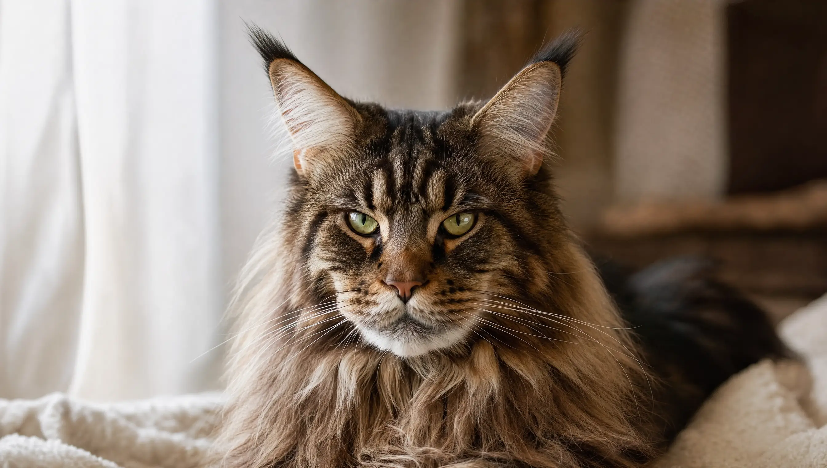 A Maine Coon, a large long-haired cat with tufted ears and a thick water-repellent coat, standing outdoors