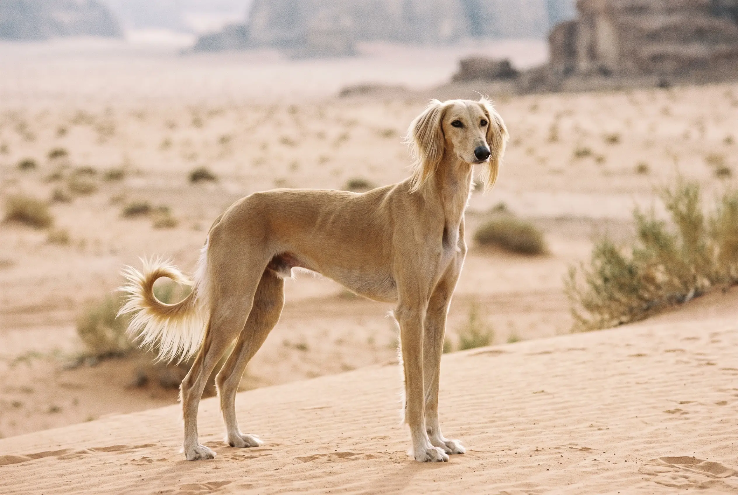 A slender Saluki standing against warm desert light, long feathered ears lifted.