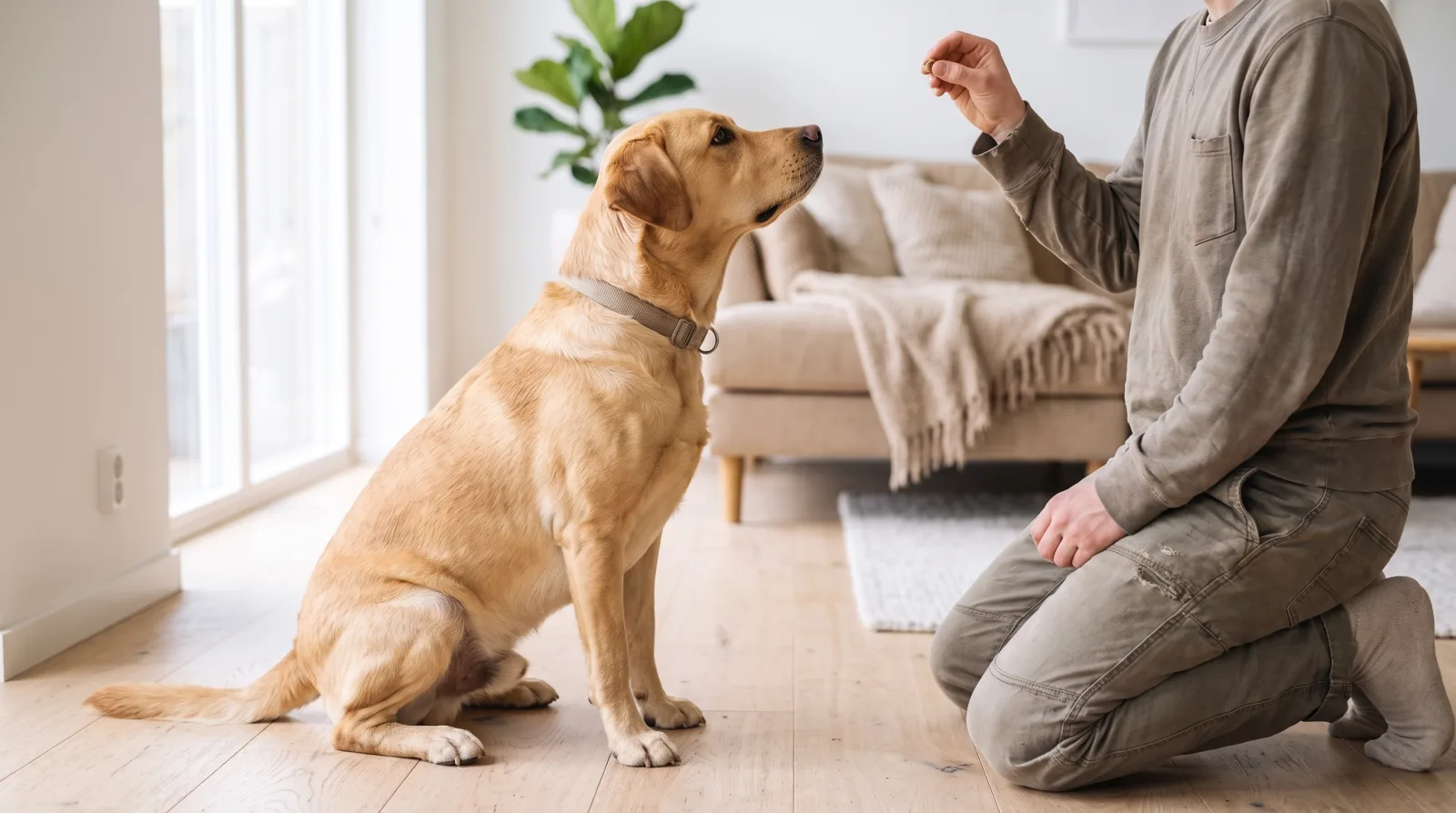 A yellow Labrador sitting on a wooden floor in a bright living room, looking up at a person kneeling beside it who holds a small treat
