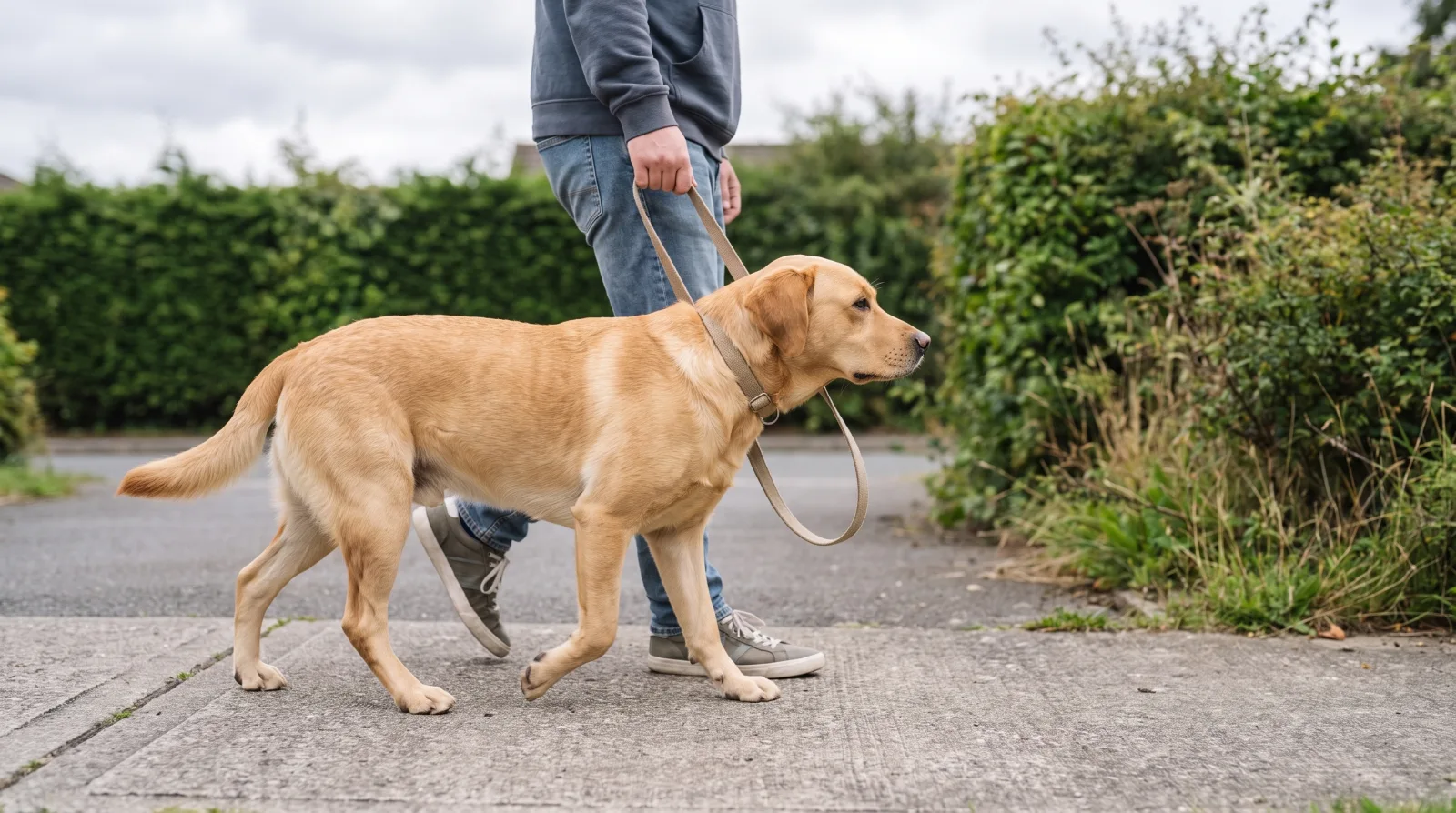 Un labrador camina tranquilo junto a una persona con la correa formando una jota bien floja