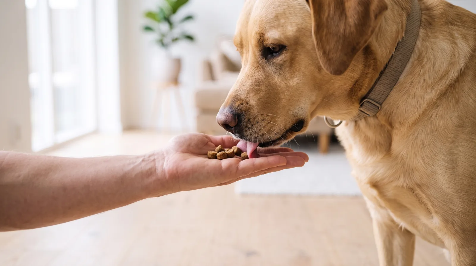 Una mano ofrece pequeños premios blandos sobre la palma abierta a un labrador que coge uno con suavidad
