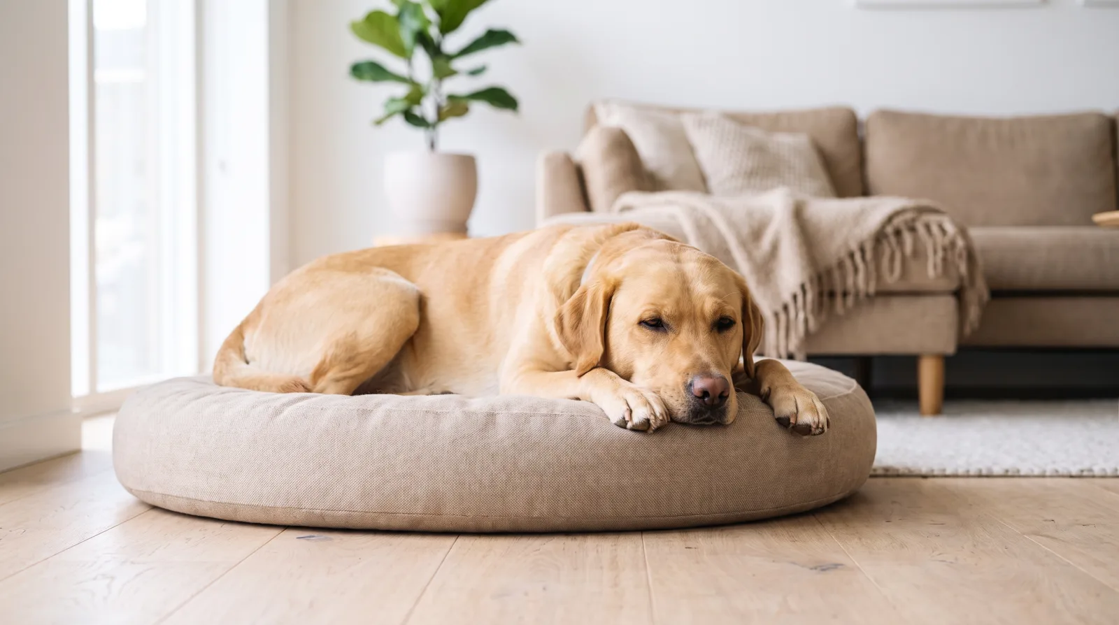 Un labrador descansa relajado en una cama redonda de un salón luminoso, con el morro sobre las patas