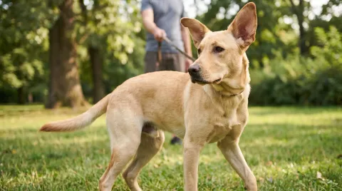A gangly adolescent Labrador ignoring its owner's call in a park, ears up but looking away