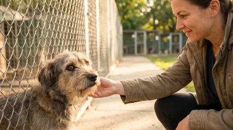 A person crouching down to meet a hopeful shelter dog at an animal rescue in warm light