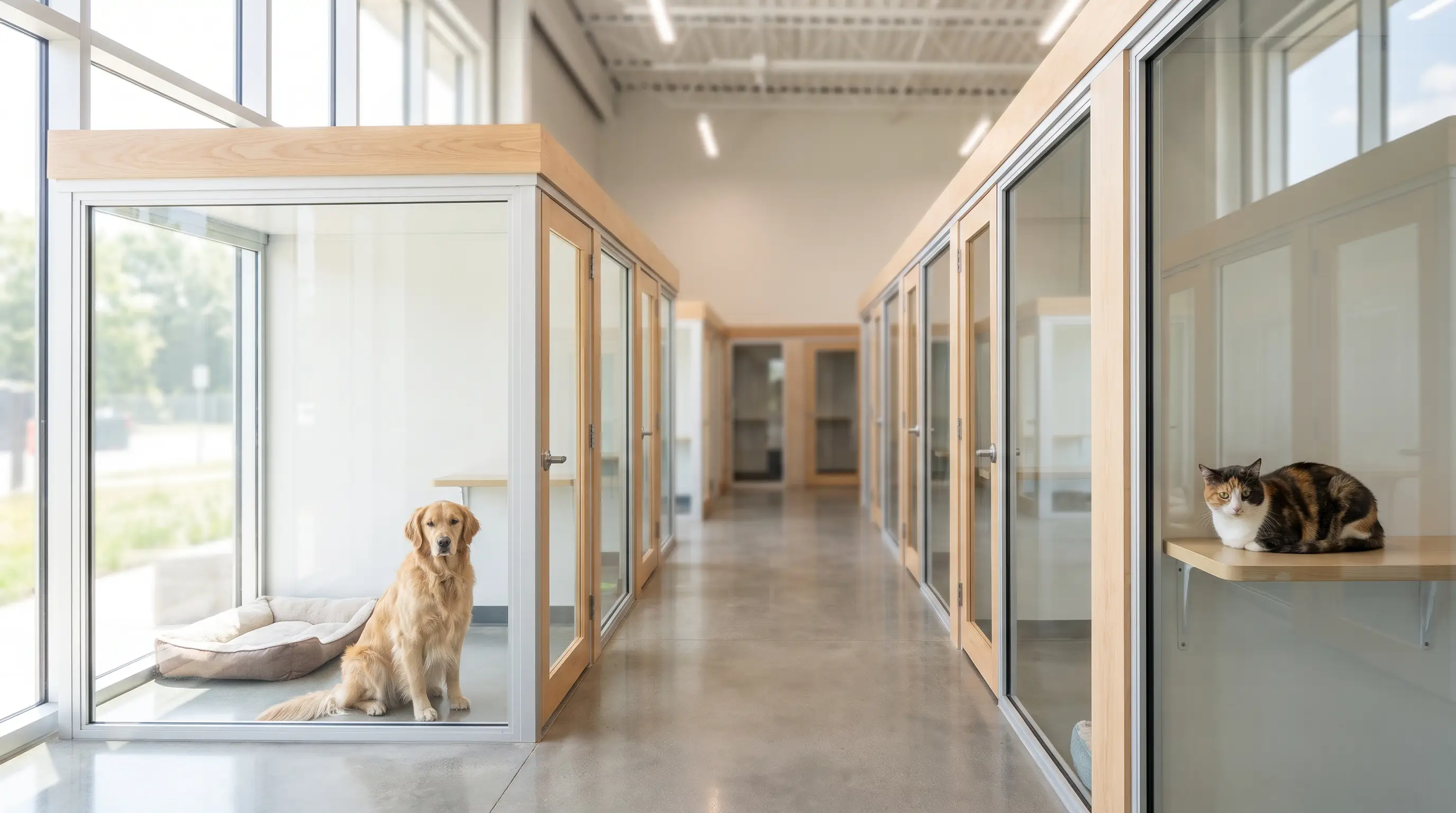 The interior of a clean modern animal shelter with tidy kennels and a few dogs and cats