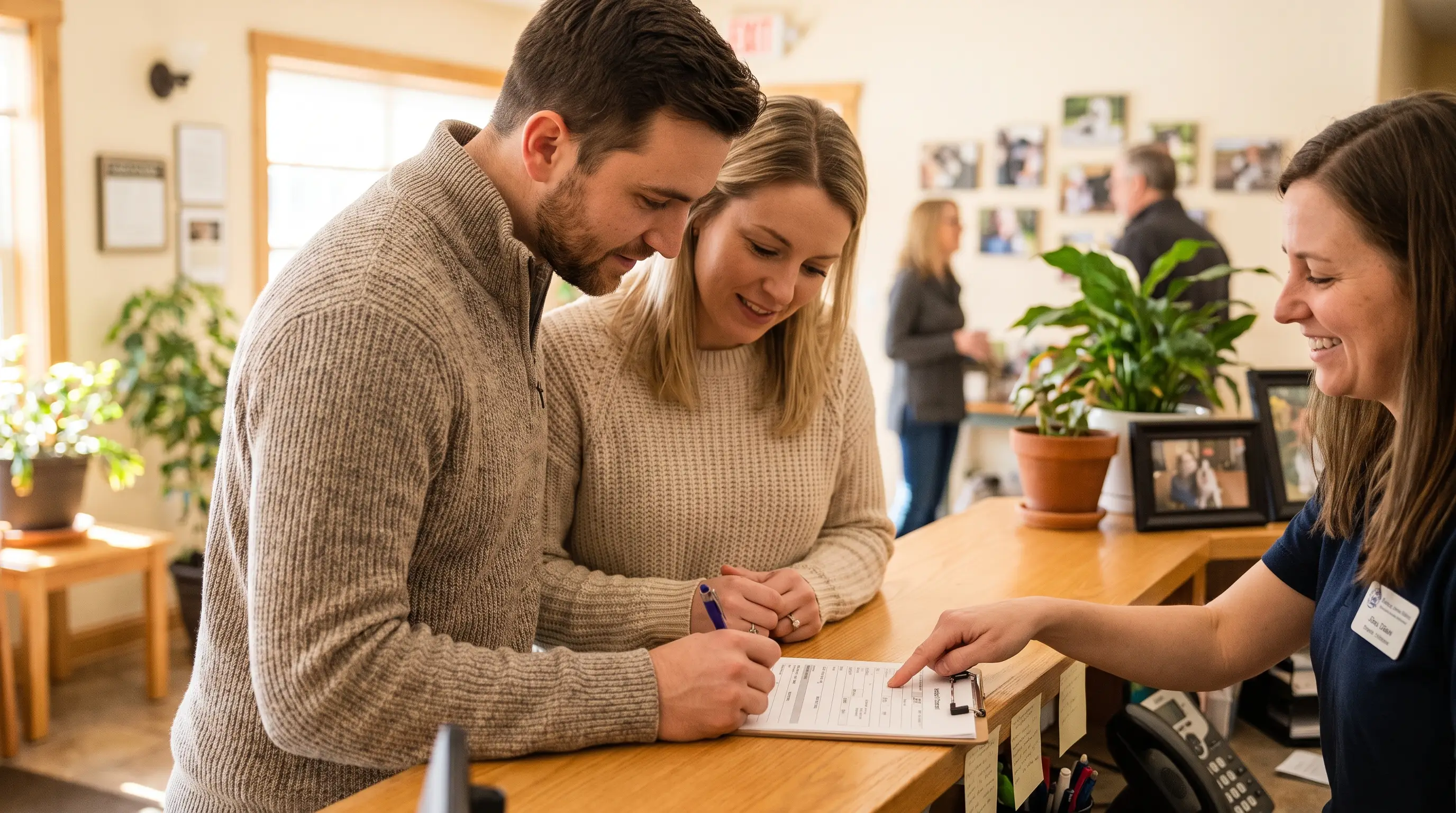 A couple filling in an adoption form at a shelter reception desk with a friendly staff member