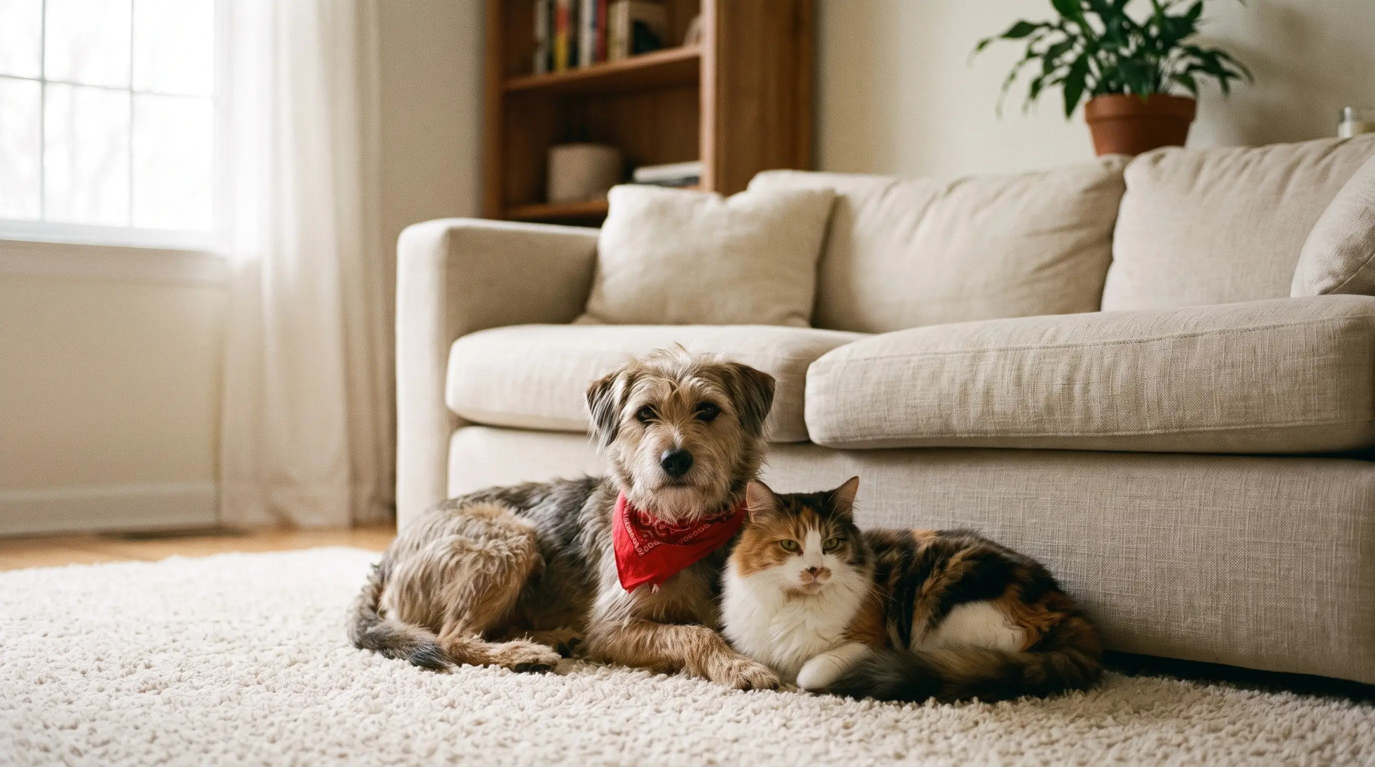 A newly adopted dog and cat settling calmly into a cosy home