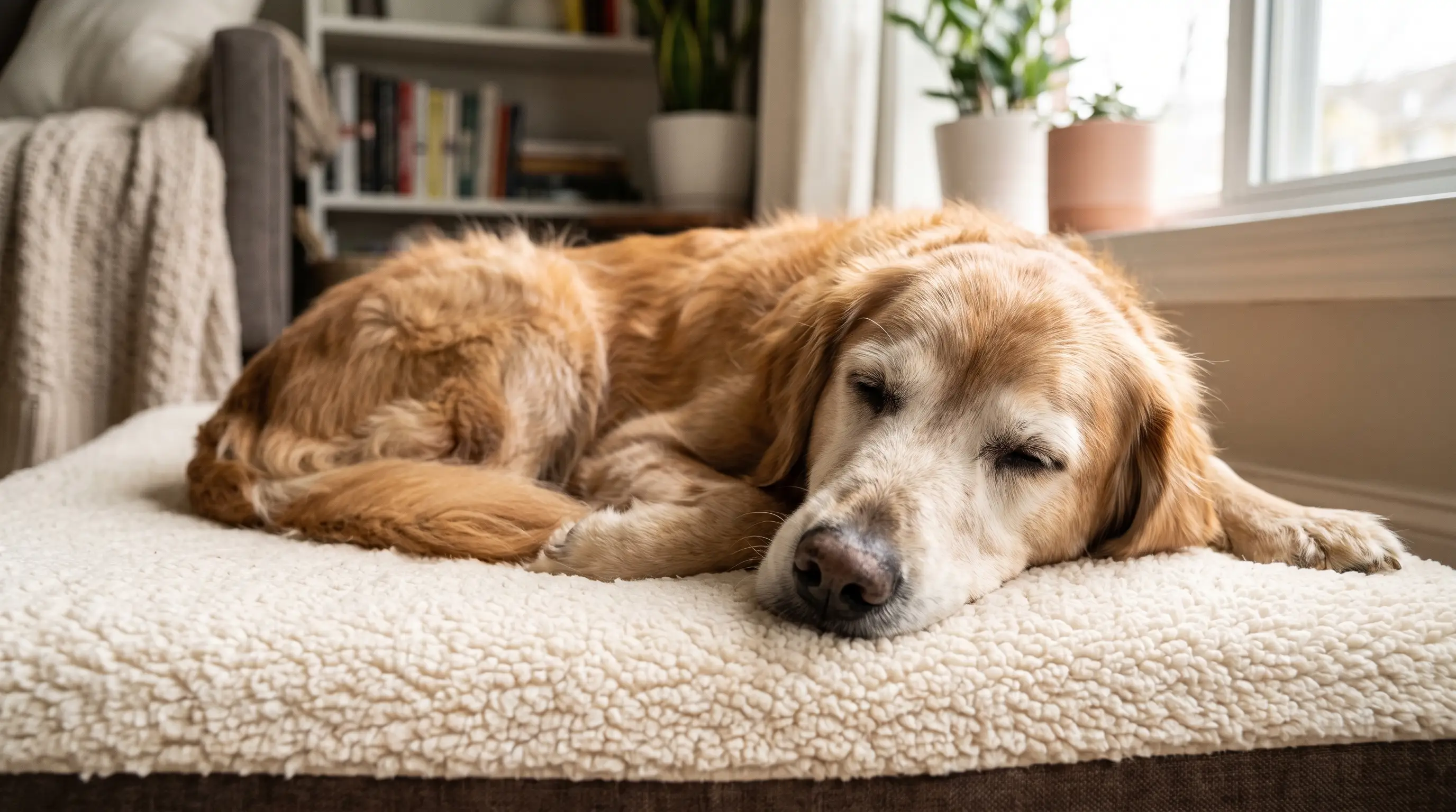 A calm senior dog resting on soft orthopedic bedding