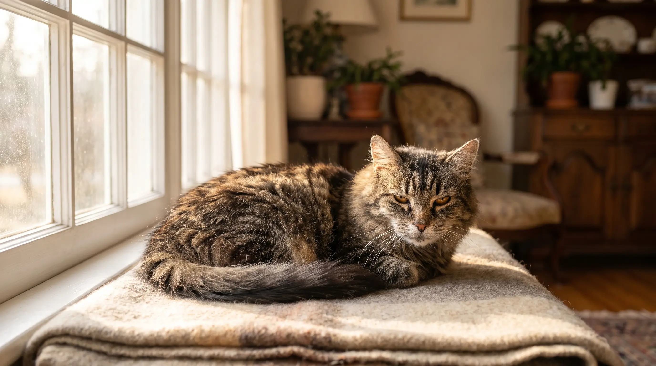 A serene older cat lounging in a warm, sunny spot