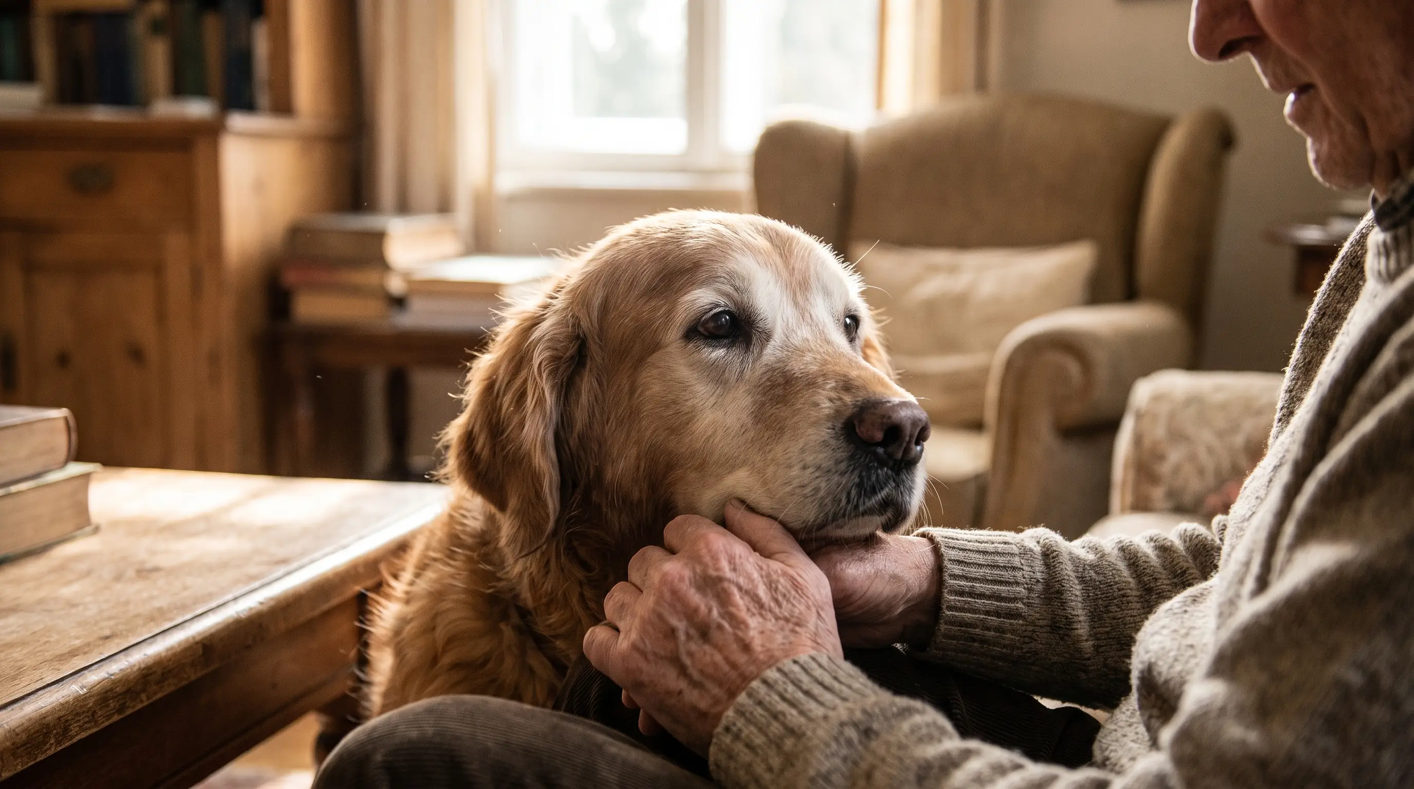 A senior dog resting its head against its owner's hands