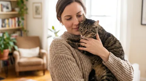 A woman cradling a relaxed tabby cat that nuzzles into her neck in warm indoor light