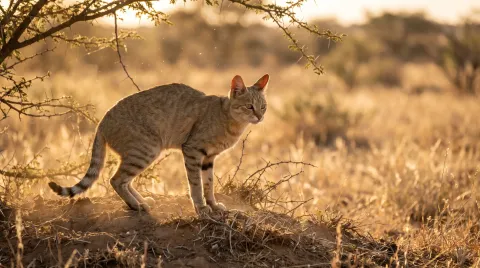 An African wildcat, Felis lybica, standing alert in dry grass at dusk, its long legs and slim tapered tail clearly visible
