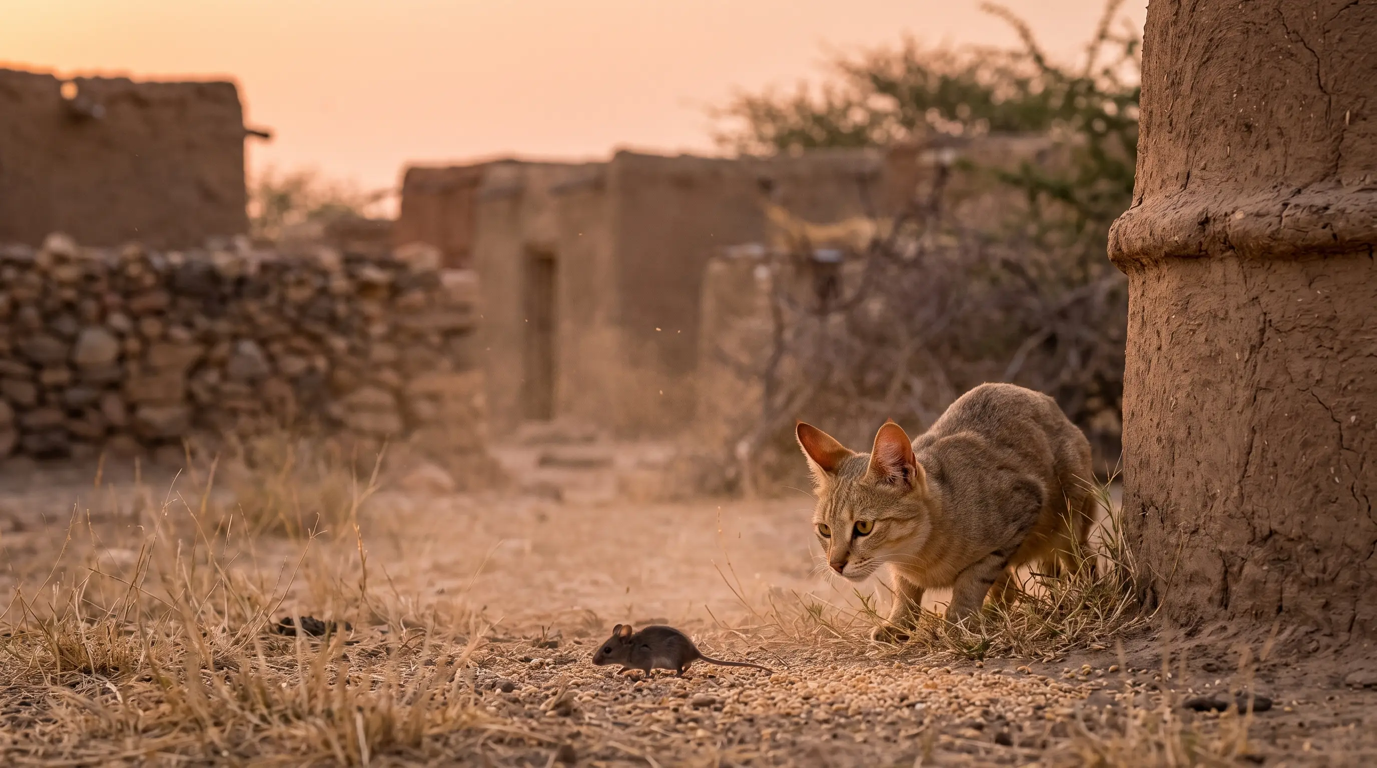 A slender, long-legged African wildcat hunting mice at the edge of a traditional mud-brick grain store in a dry Near Eastern village at dusk