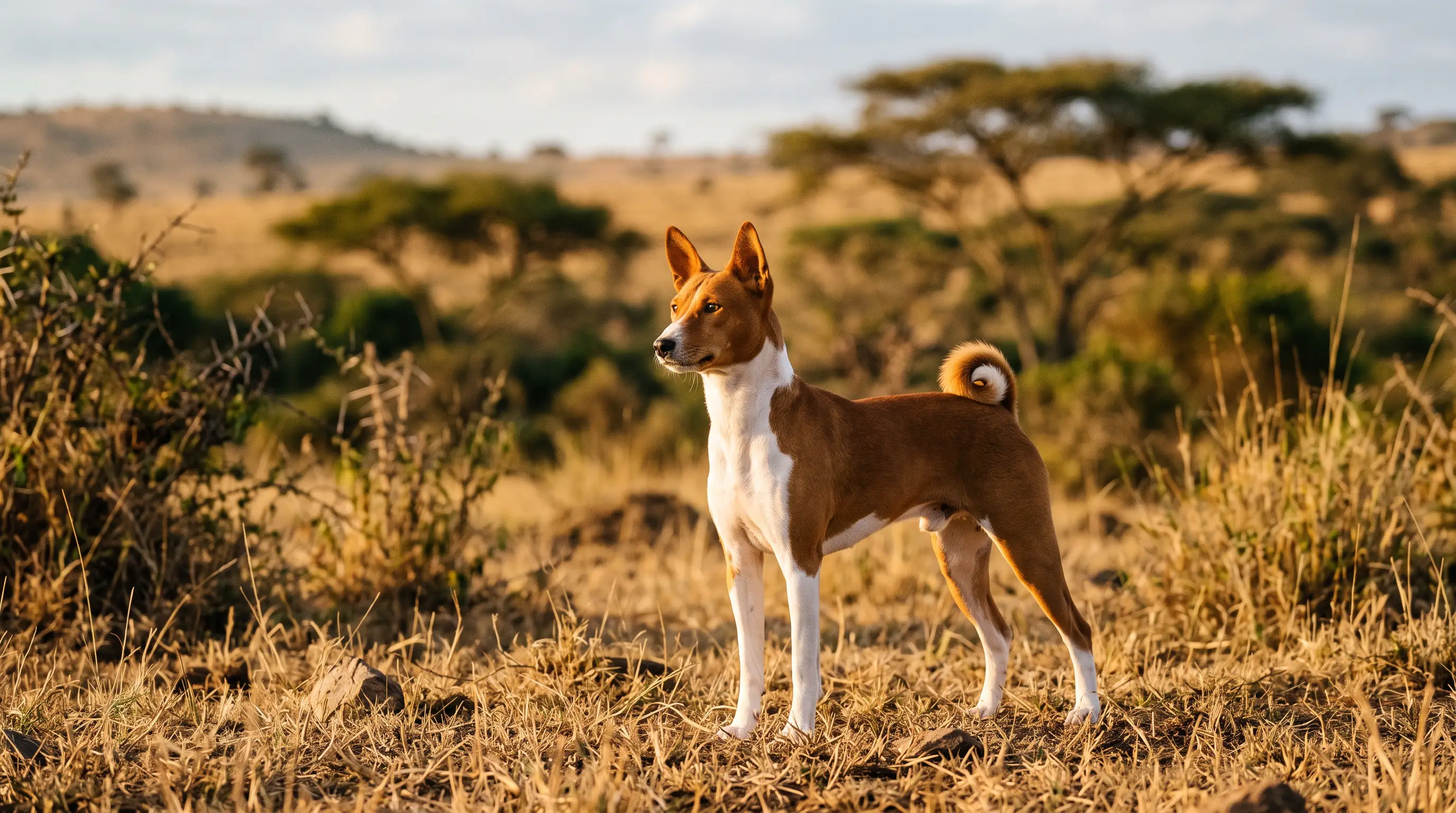 A lean, alert Basenji standing in low golden savanna light in East Africa.