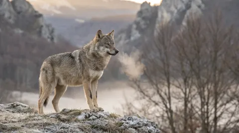 An Apennine wolf standing on a rocky ridge in the Italian mountains at dawn, greyish-fawn coat with dark forelegs