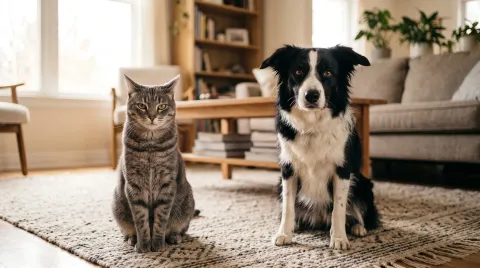 Grey tabby cat and a Border Collie sitting side by side on a rug, both looking at the camera