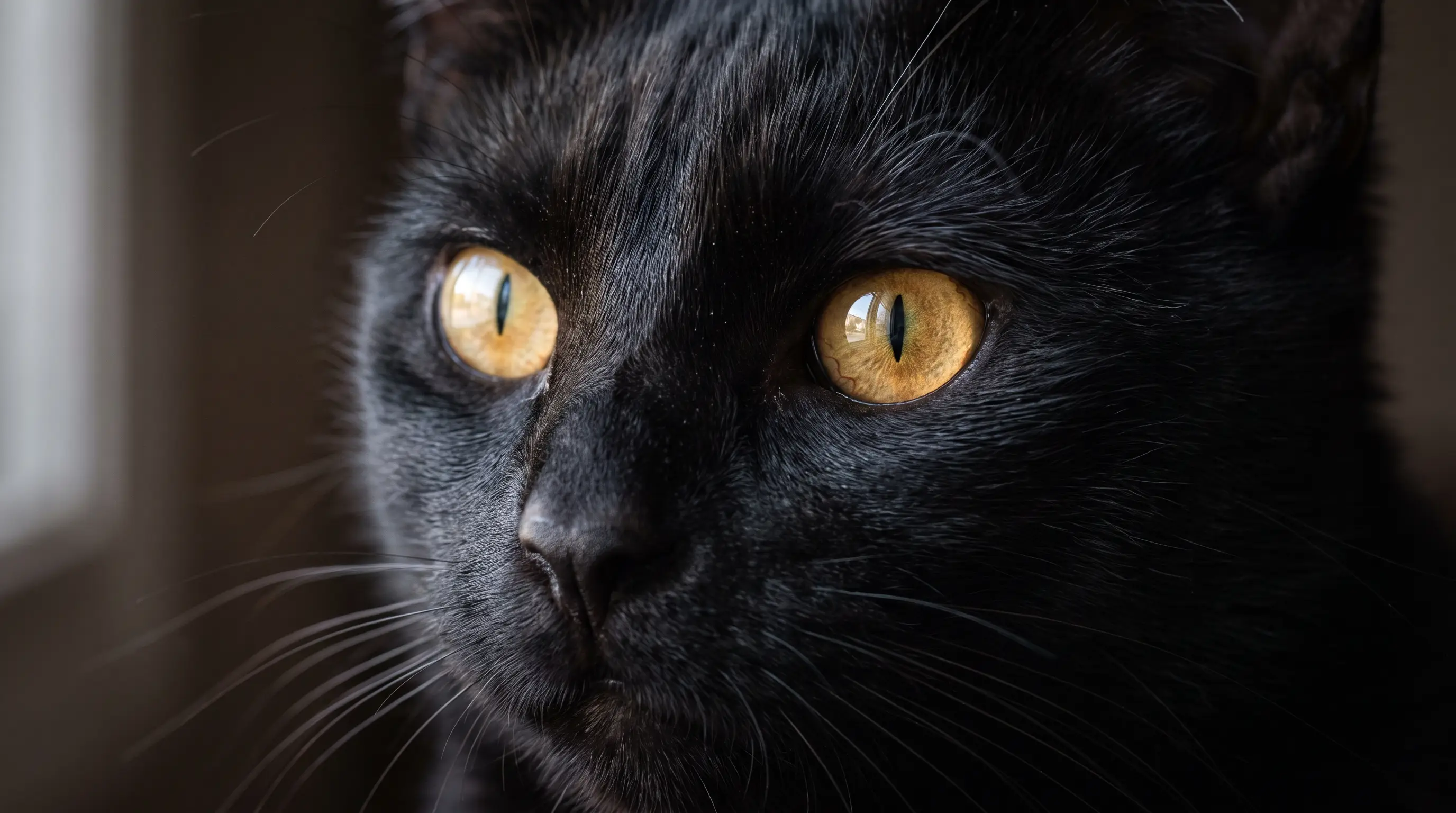 Primo piano del muso di un gatto nero con occhi dorati e pelo scuro e lucido