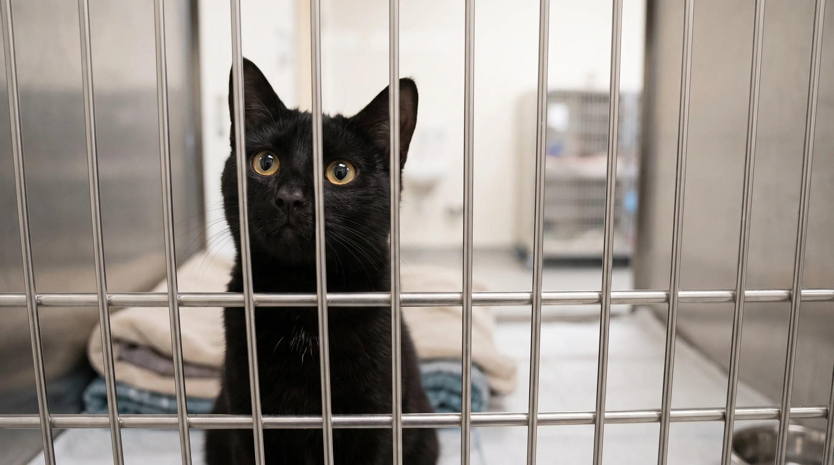 Gatto nero che guarda fuori dal recinto di un rifugio