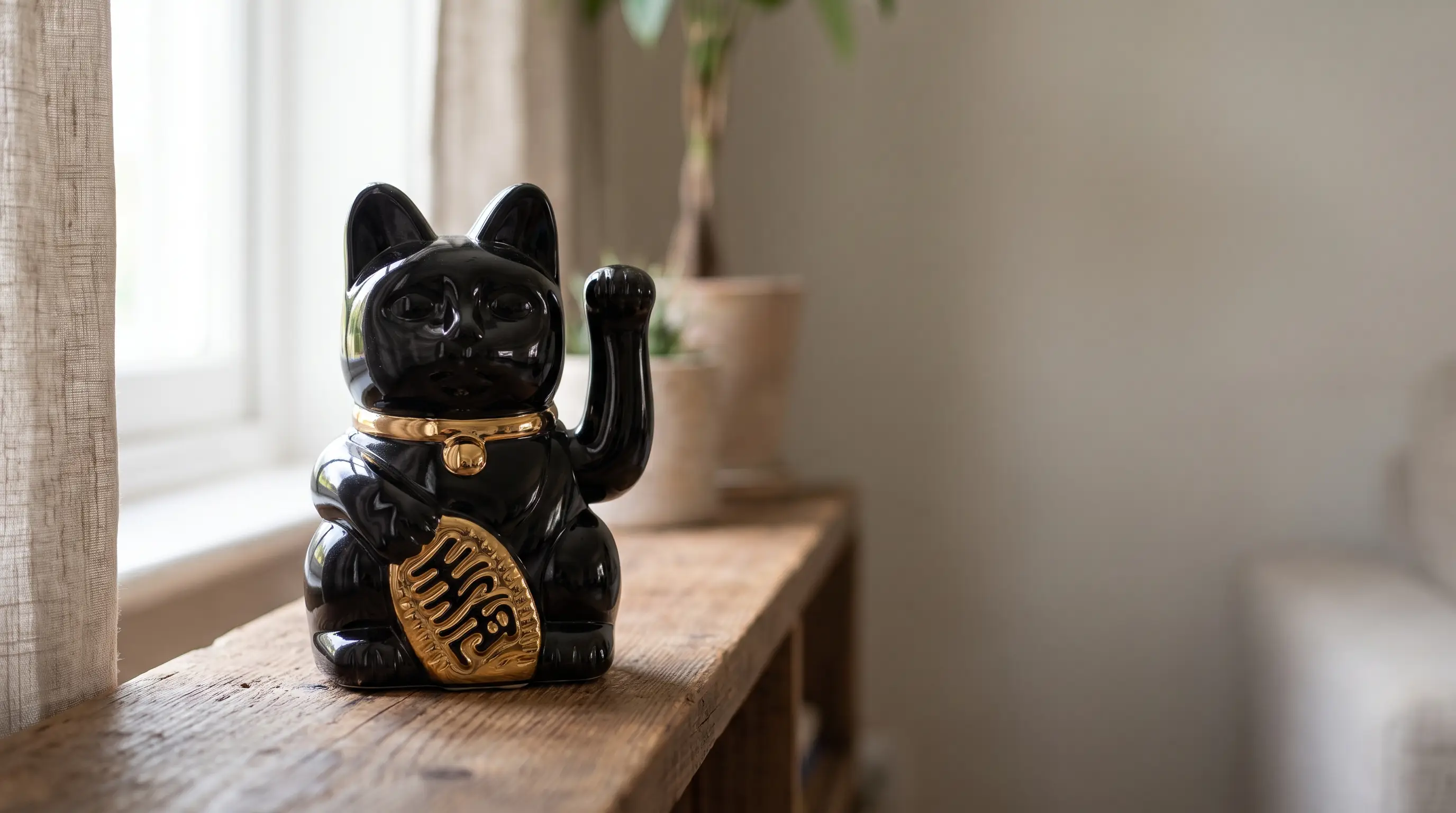 Statuetta nera del gatto portafortuna maneki-neko su una mensola di legno