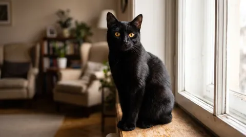 Sleek solid-black cat with amber eyes sitting upright against a soft dark background