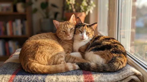 Two cats cuddled up together in warm light, clearly a bonded pair