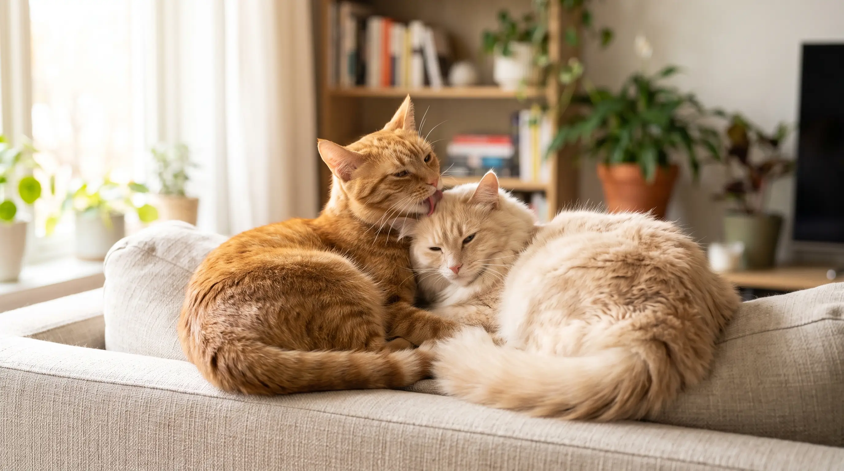 Two cats grooming and snuggling each other on a sofa