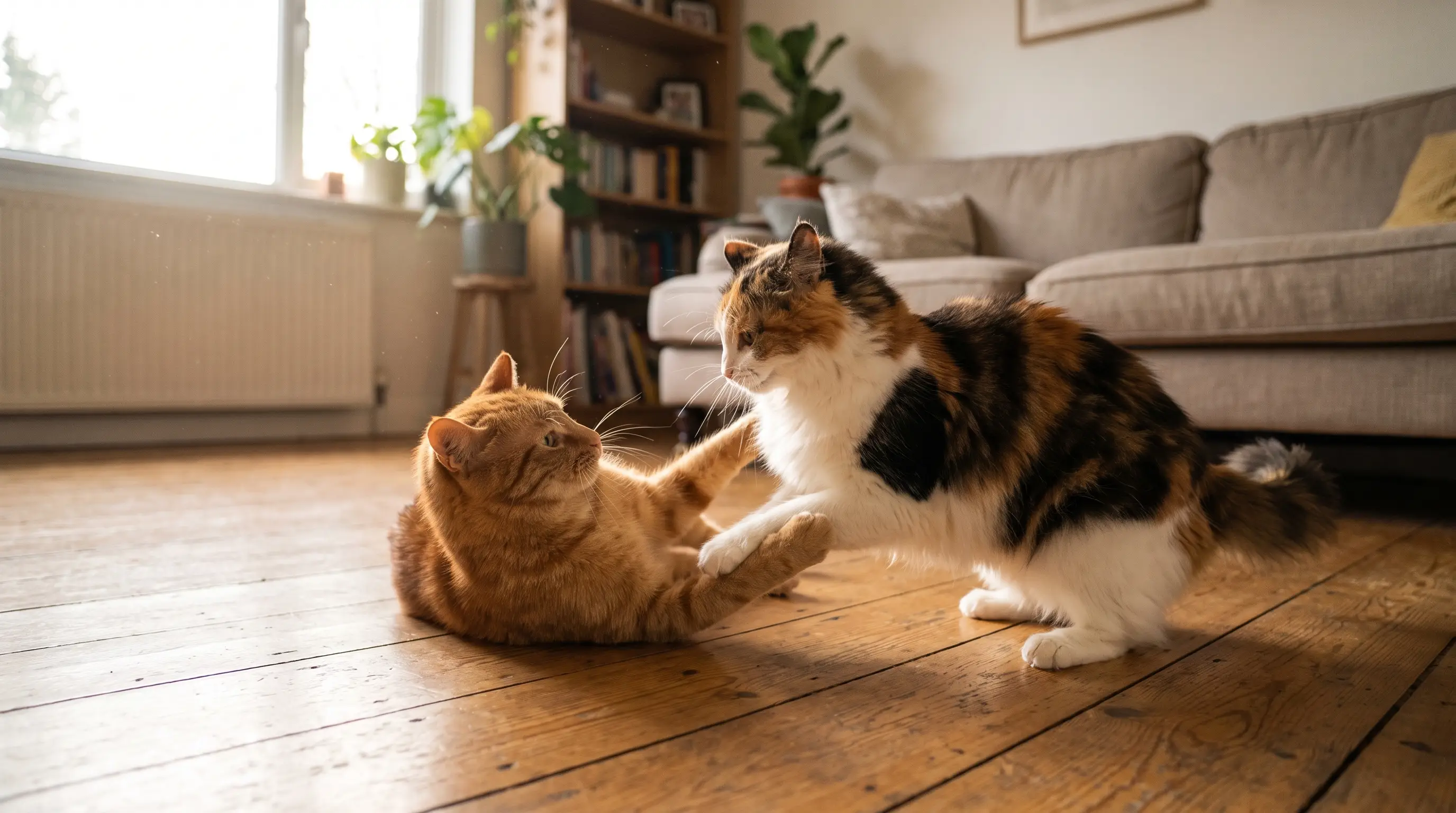 Two cats playing together, chasing and wrestling on the floor