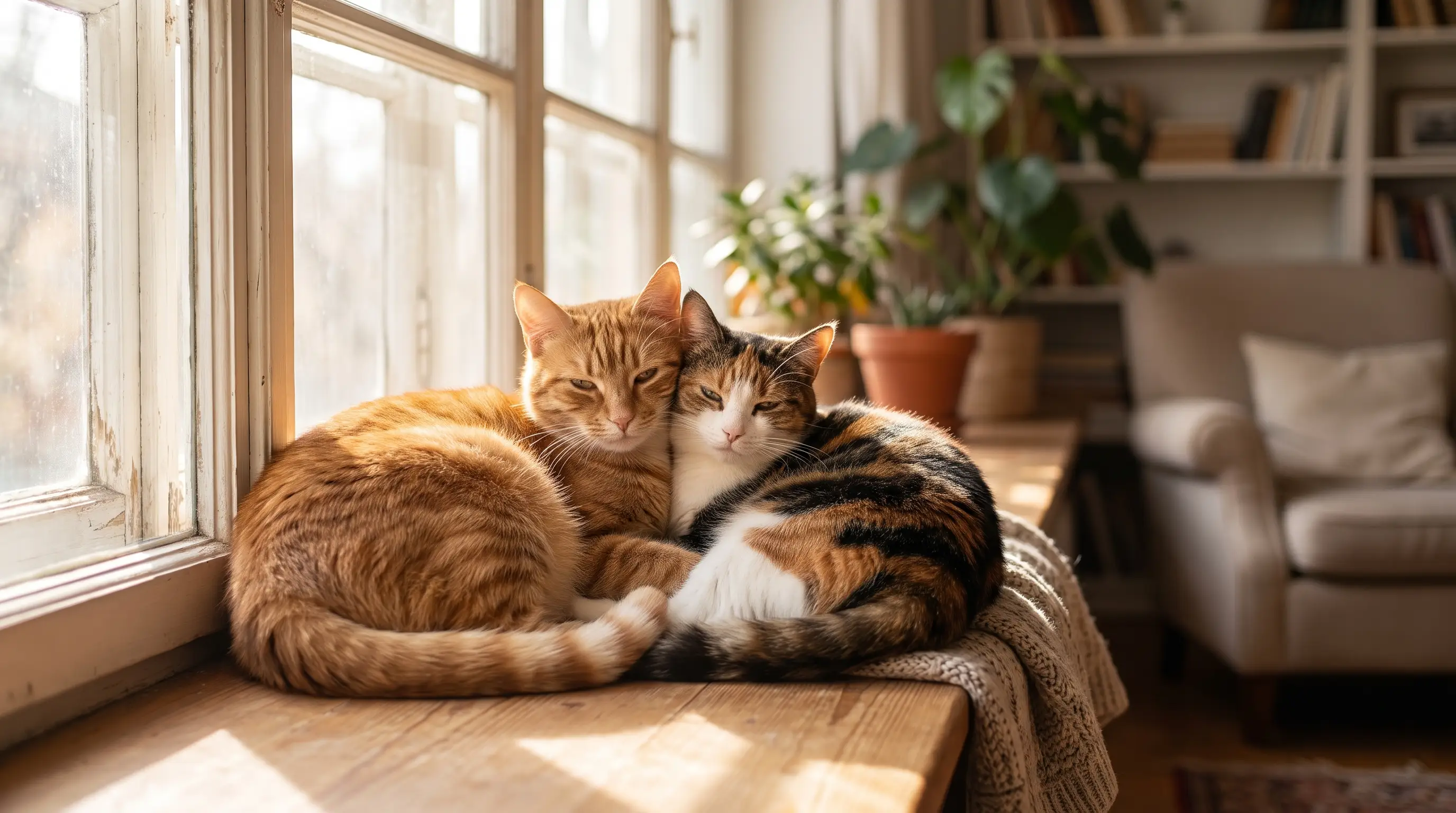 A pair of cats relaxing side by side on a windowsill at home