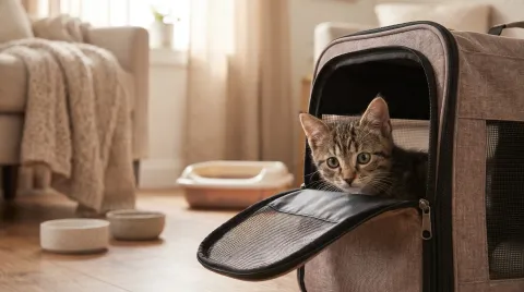 Small tabby kitten peeking out of an open pet carrier in a quiet room set up with a bed, bowls and a litter tray