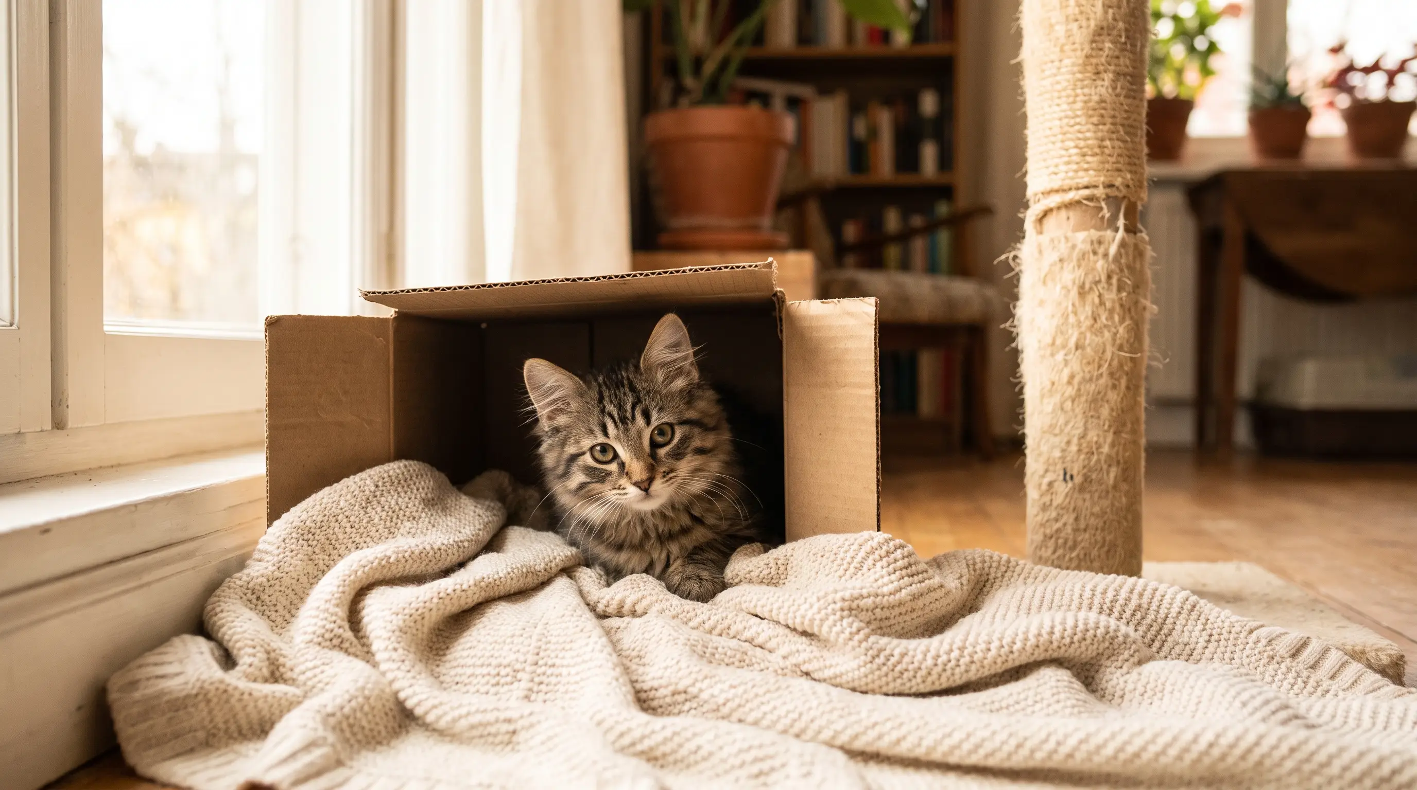 Kitten peeking out of a cardboard box hideaway inside a quiet set-up room