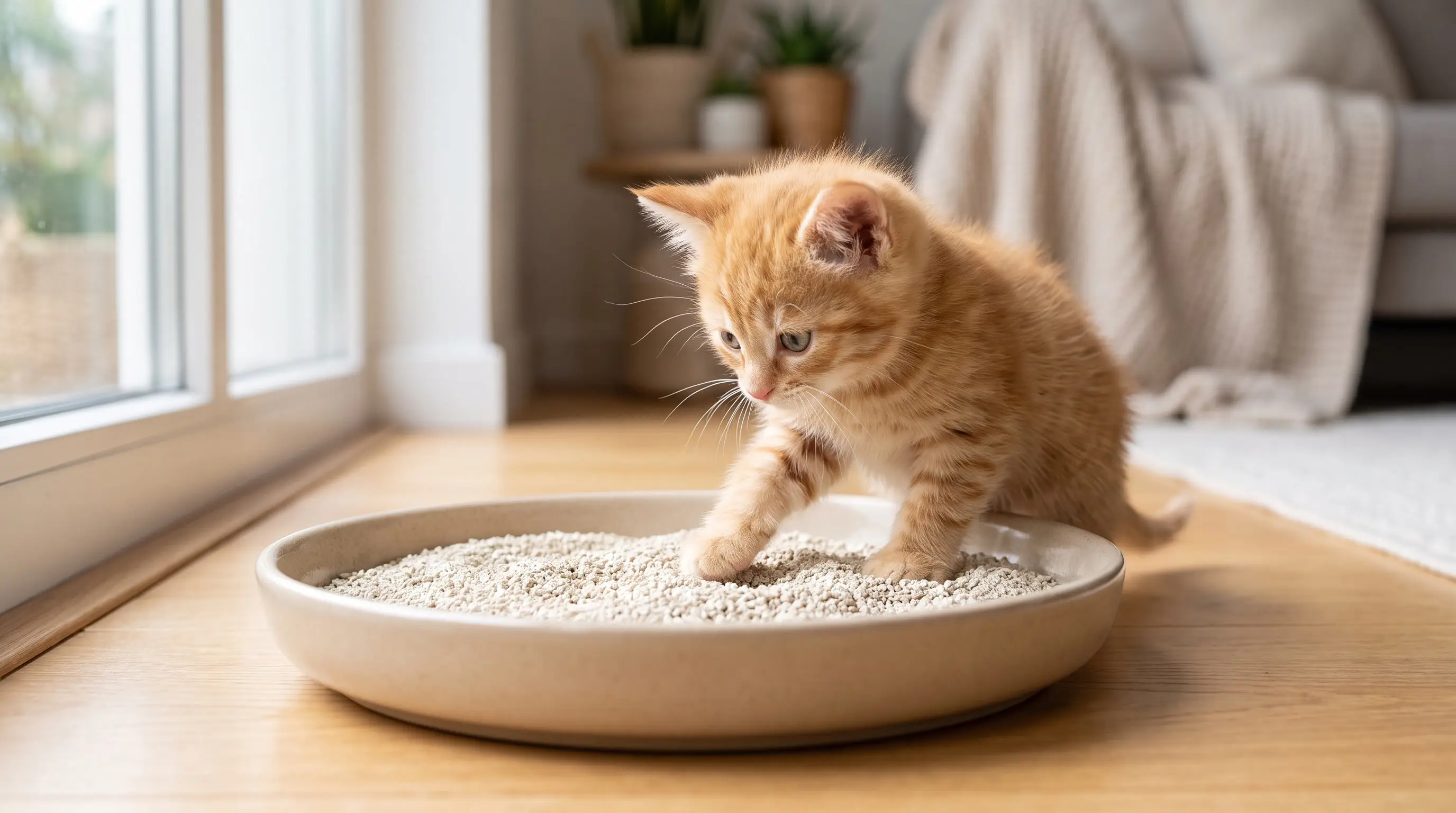 Small kitten stepping into a low-sided litter tray filled with fine unscented litter
