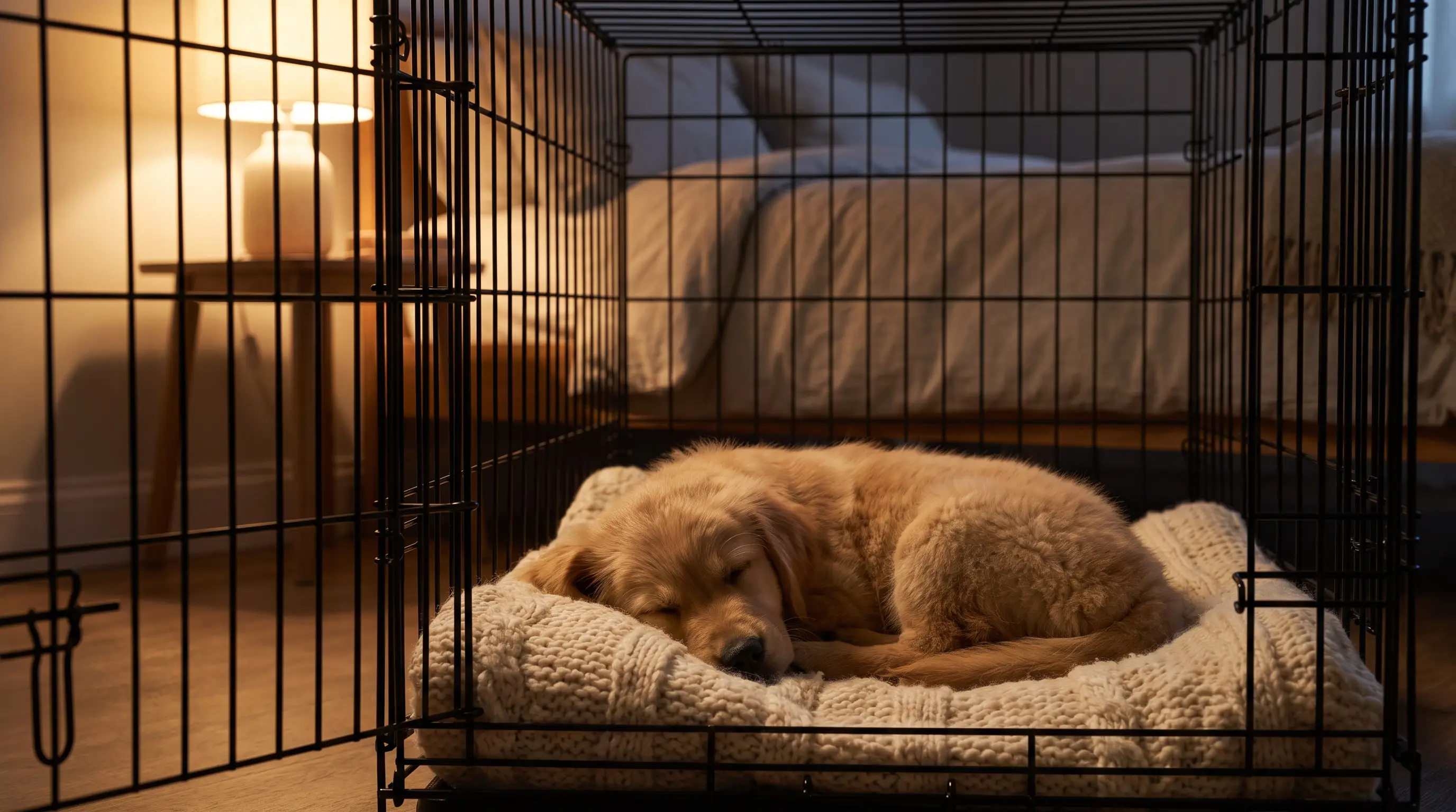 A puppy asleep in an open crate with a blanket, next to a bed at night