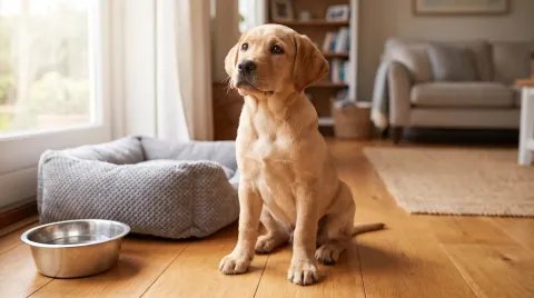 A young puppy sitting on a living room floor beside a soft bed and water bowl, looking up calmly