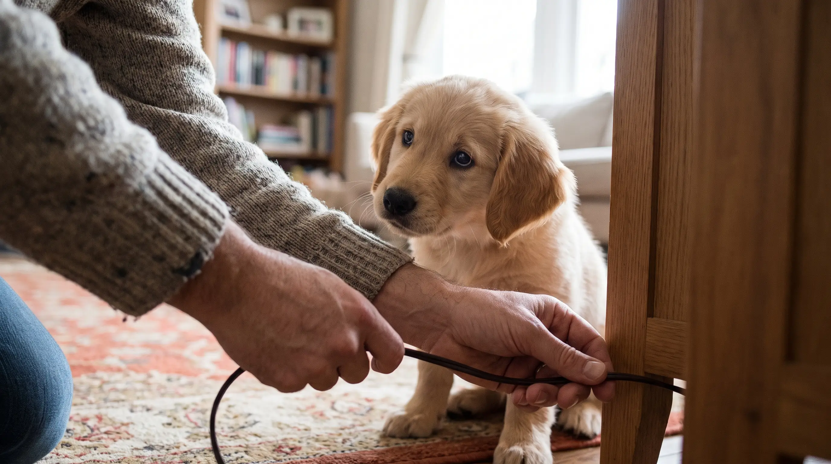 Hands securing an electrical cord at floor level while a small puppy watches