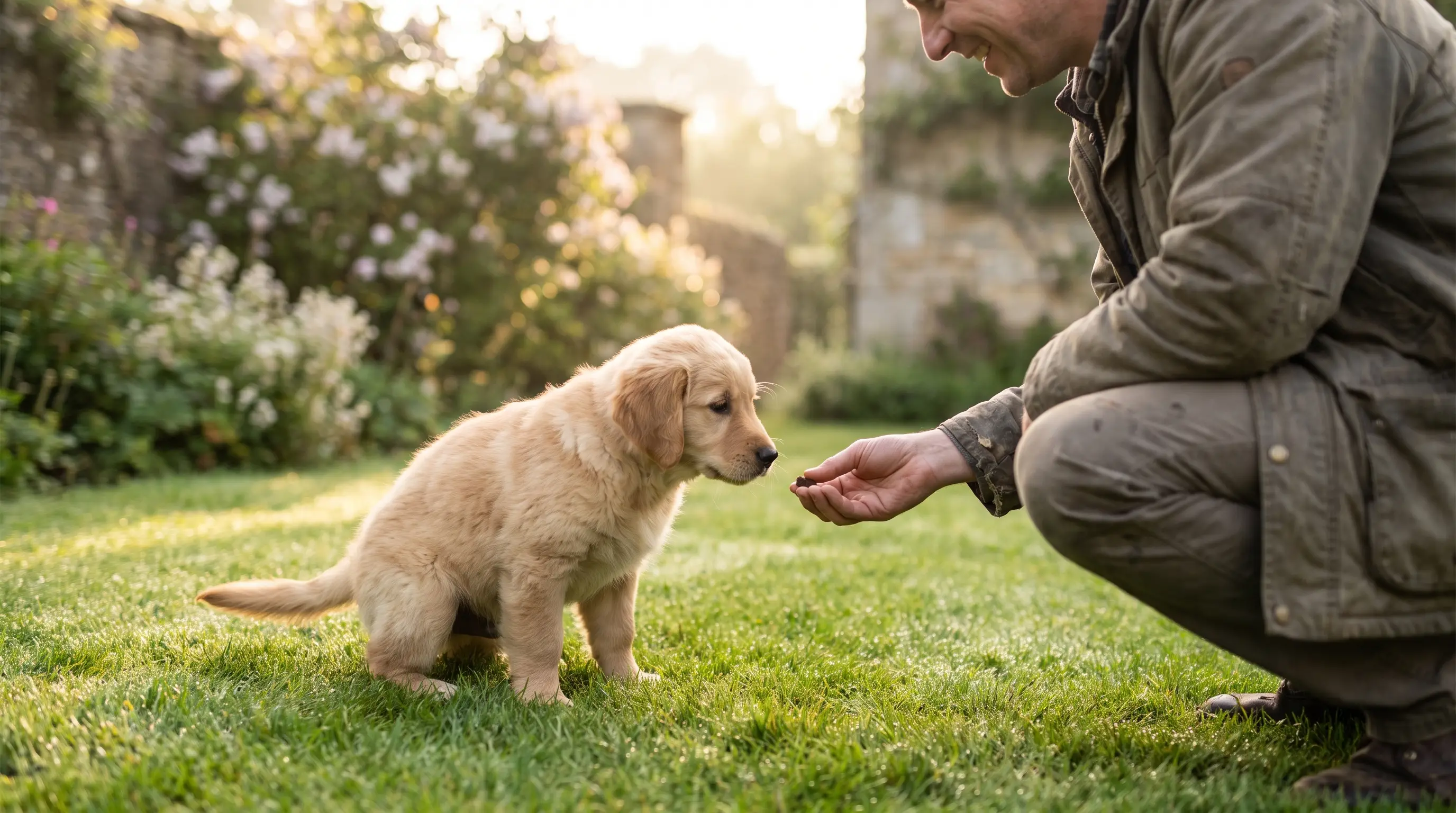 A puppy on grass in a garden with an owner crouching to reward it