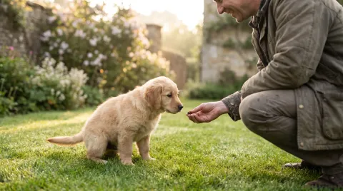 A puppy on grass in a garden being rewarded by its owner during a toilet break