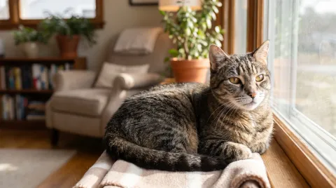 An older tabby cat resting calmly on a windowsill in warm light, still healthy and alert in its senior years