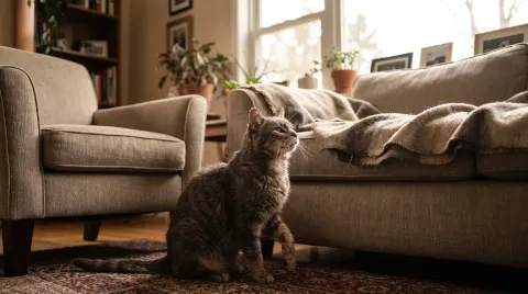 An elderly grey tabby cat pausing at the foot of a sofa, hesitating before a jump it once made without thinking