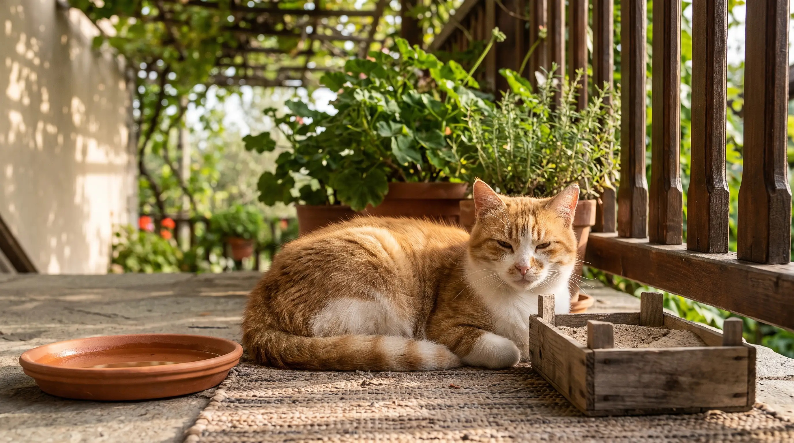 A cat lounging on a shaded balcony beside a shallow tray of water and a box of sand, sun on its back