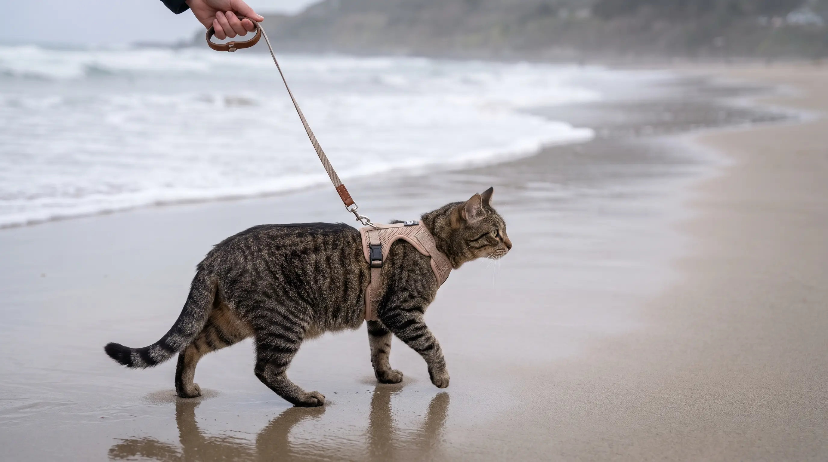 A cat in a back-clip harness walking on a leash across sand near the water, owner holding the lead