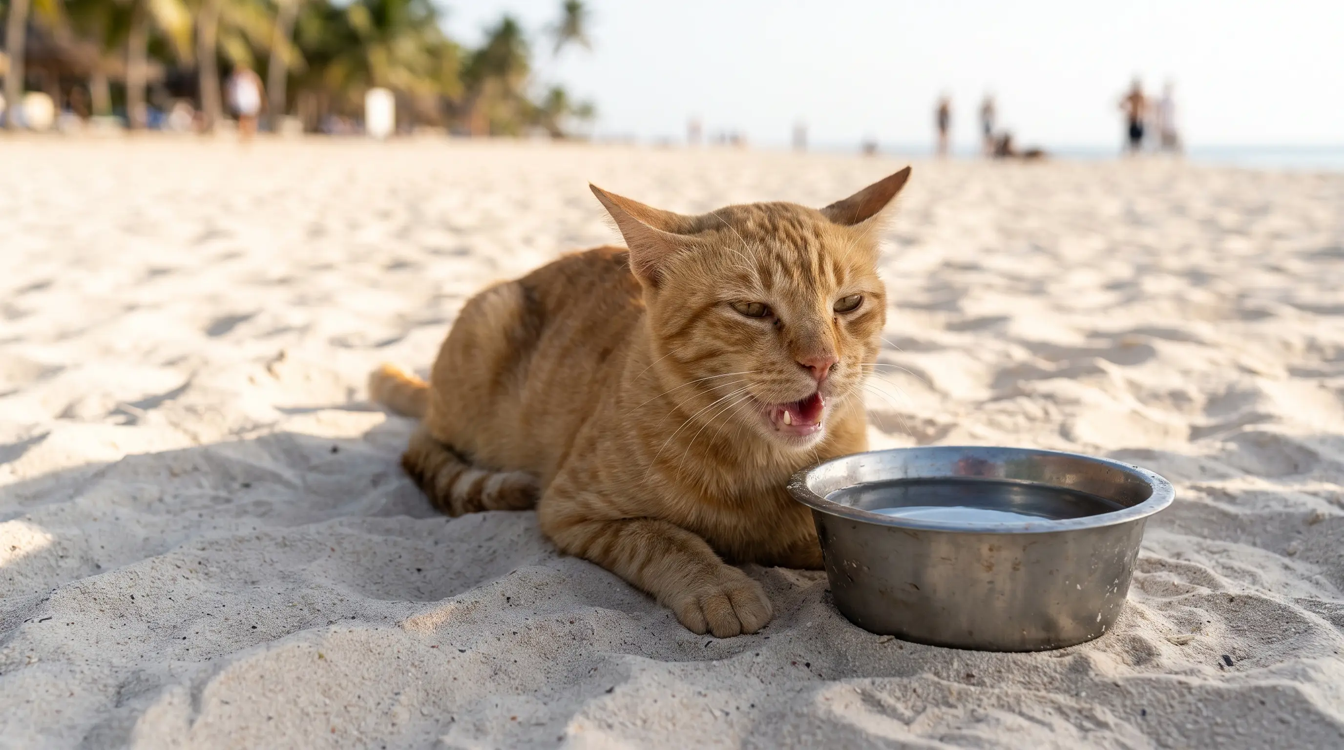 A cat panting in the shade on hot pale sand beside a bowl of water, ears back in the heat
