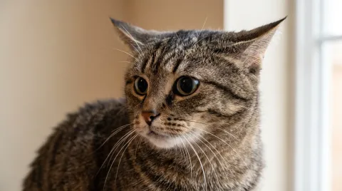 Close portrait of a tabby cat with its ears rotated back and whiskers pulled flat against its cheeks, visibly tense